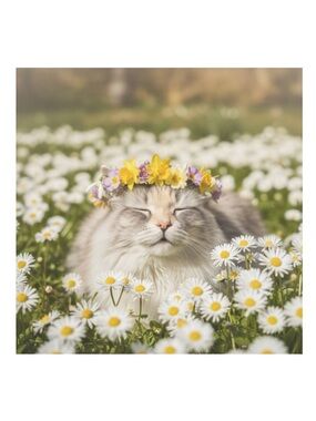 7.5 inch square Floral Crown Cat paper Print out  - Soft Gray & Cream Cat